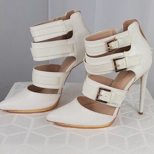 LILIANA, 7.5, white, 3-buckle ankle stilettos